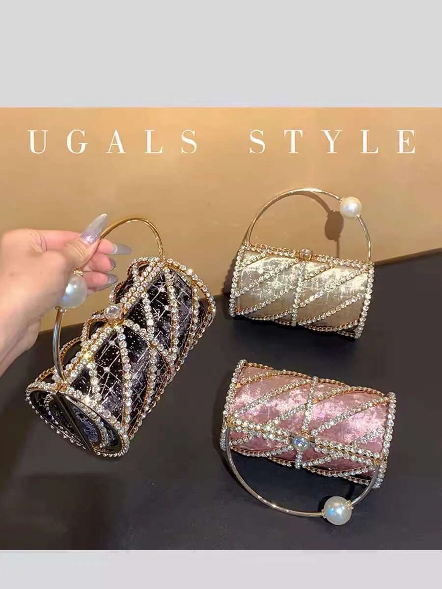 Hollow Out Metal Barrel-Shaped Veet Women Handbag Crystal Shiny Dias Evening Wedding Party Clutch Purse Crossbody Bag