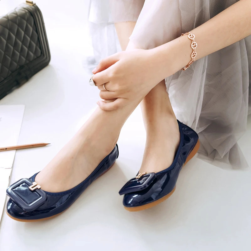 Plus Size 34-43 Women Shoes Foldable Ballet Flats Patent PU Leather Spring Summer Ladies Flat Shoes Fashion Loafers Shoes Woman 250214