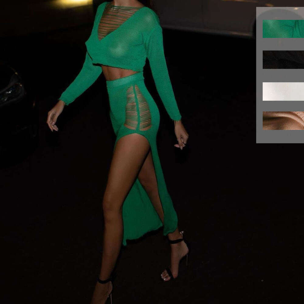 popular sexy slit long skirt, tassel hollow out woolen suit, women's 2025 new casual versatile fashion clothing