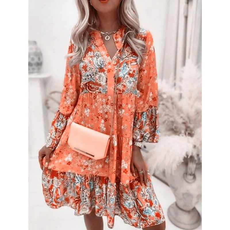 Womens Spring and Autumn Knee Length Dress Sexy V-neck Style Sweet Printed Temperament Long Sleeve Swing Dress Boho Dress 250213