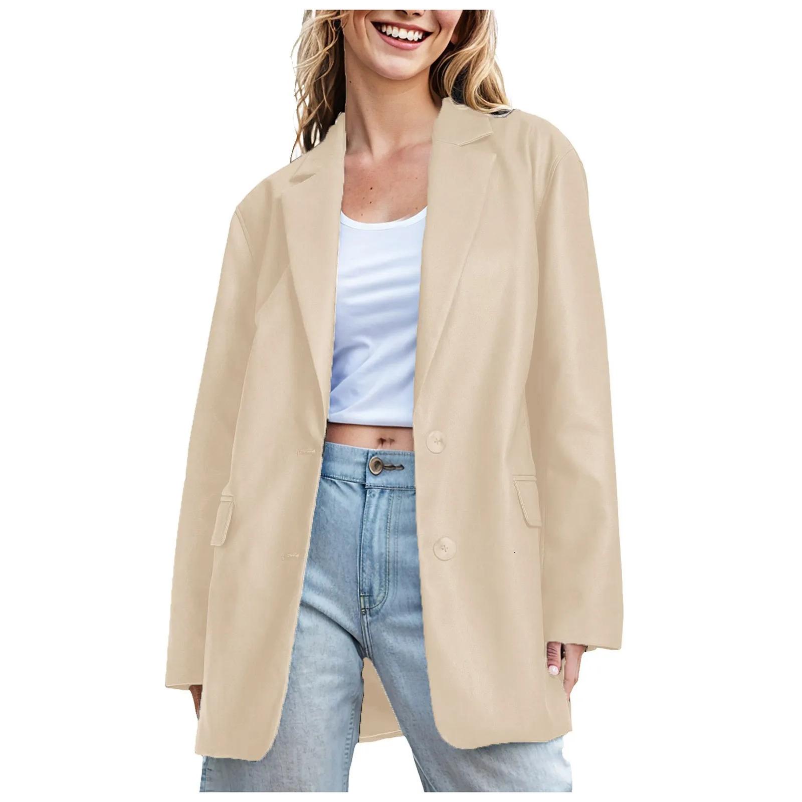 Women Casual Leather Jackets Solid Color Turn Down Neck Long Sleeve Button Suit Fashion Pu Faux Jumper Coat 250211