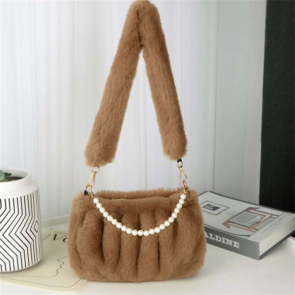 ISKYBOB Pleated Faux Fur Shoulder Bags for Women's Winter Fashion Pearl Chain Clutch Plush Underarm Bag Ladies Handbags