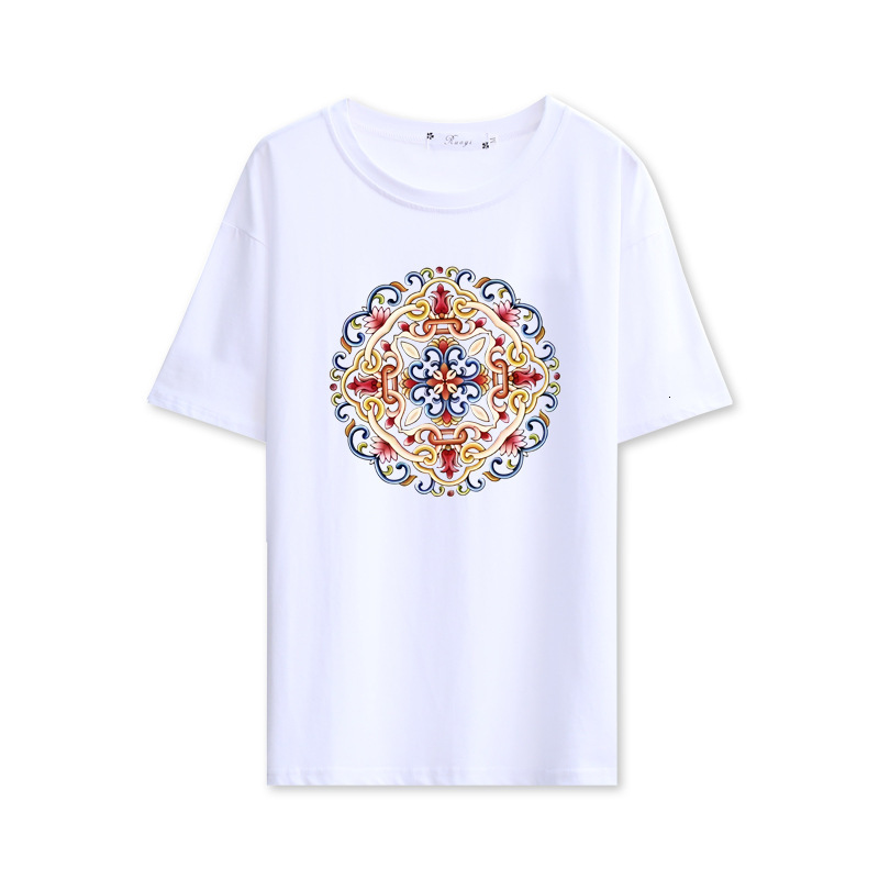 Summer Short Sleeved Printed Pure Cotton White T-shirt Designer Free Shipping Fashion Trend T-shirt Women's Top High-end Feeling Summer Plus Size