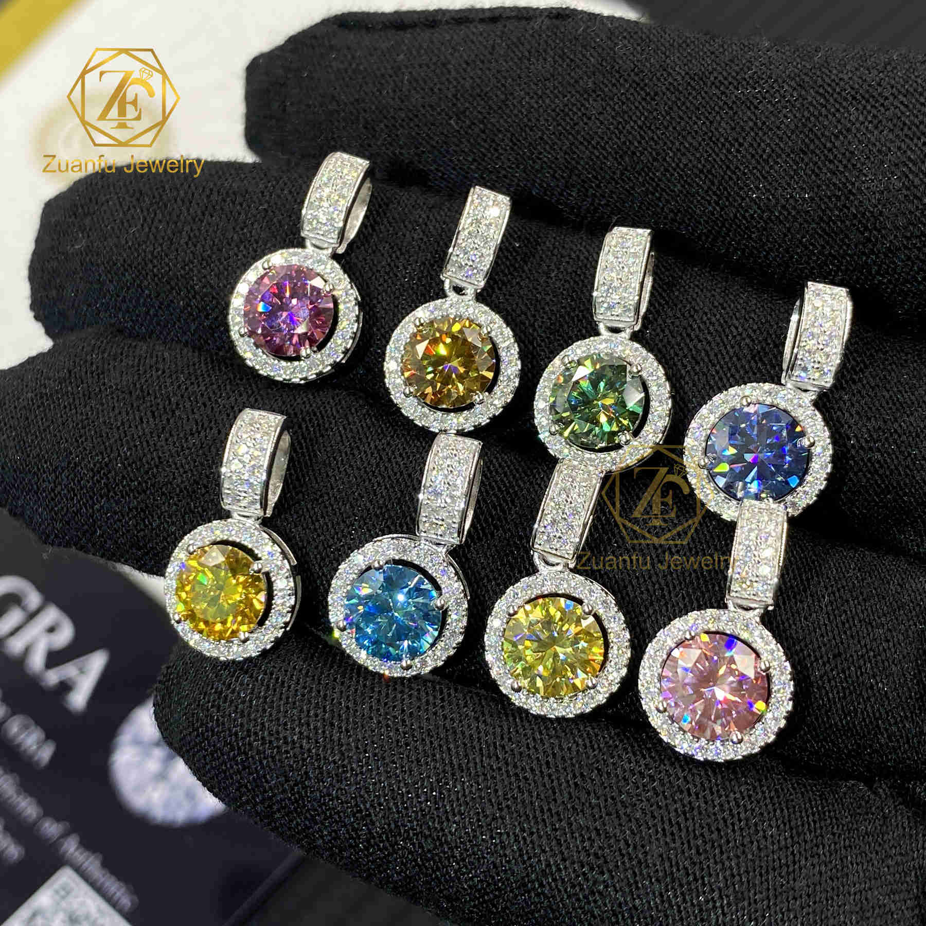 Fashion Design 1CT 6.5MM Moissanite Pendant Charm Pink Yellow Blue Round Brilliant Cut Halo 6.5MM Moissanite Pendant Charm