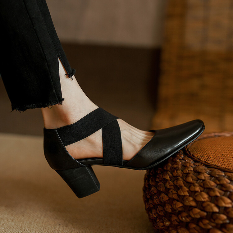 2025 new thick heel square head cross strap single shoe retro high heels all match sandals