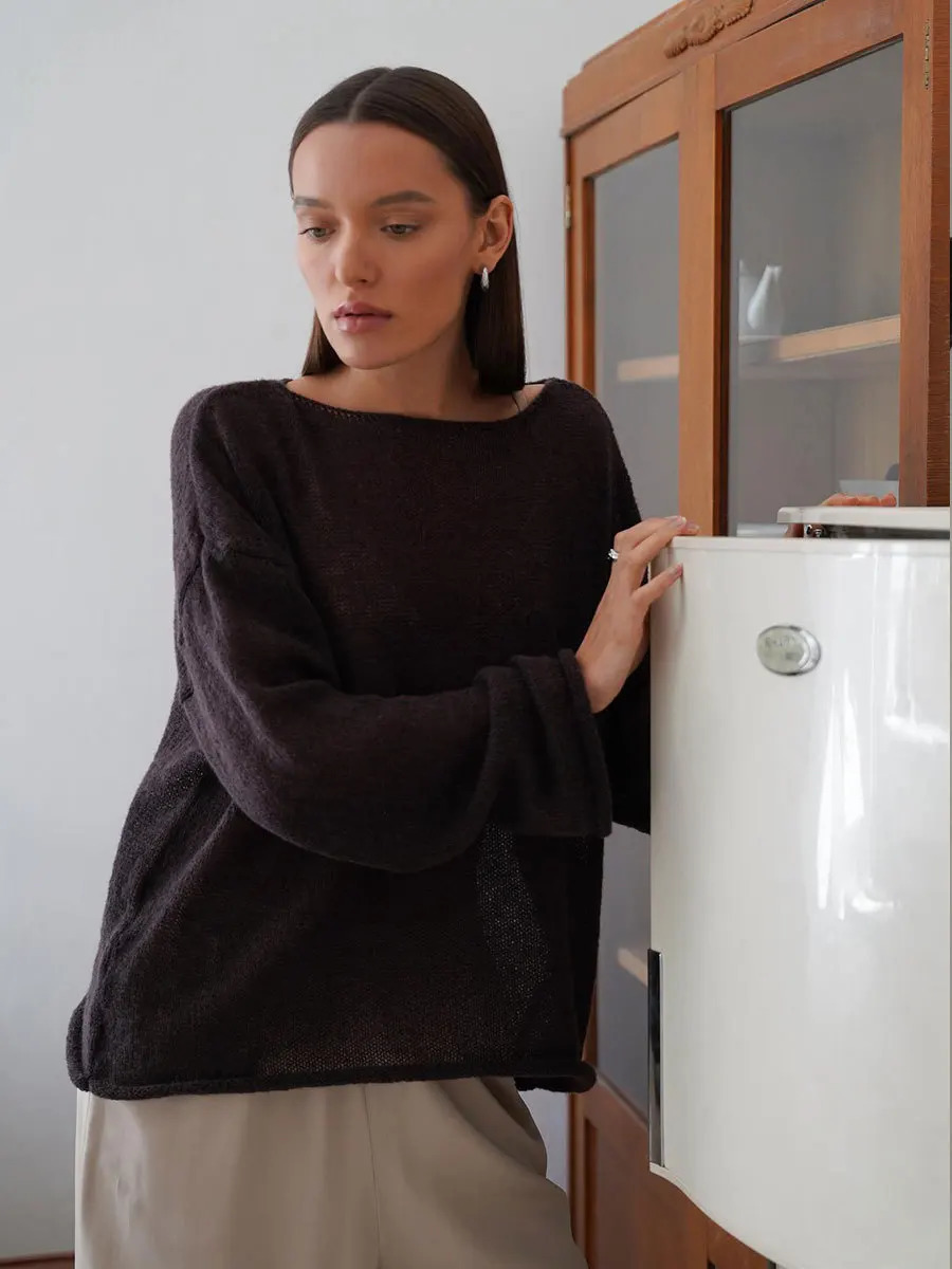 T Shirts Oversize Thin Knitted Pullovers Women Summer Trumpet Long Sleeve Shirt For Loose Top Tees Transparent Sweater 250211