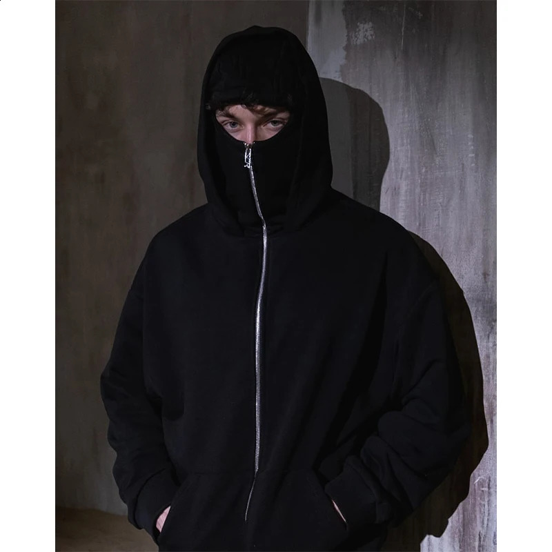 Full Zipper Retro Ninja Mask Jacket Coats Y2k Hip Hop Rock Men Oversized Punk Hoodie Winter Warm Long Sleeve Sweatshirt American 250211