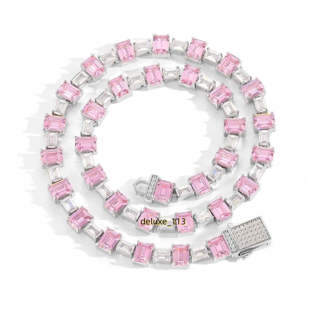Hip hop pink color blocked square Moissanite simple tennis personalized moissanite collarbone chain hip-hop trendy brand necklace