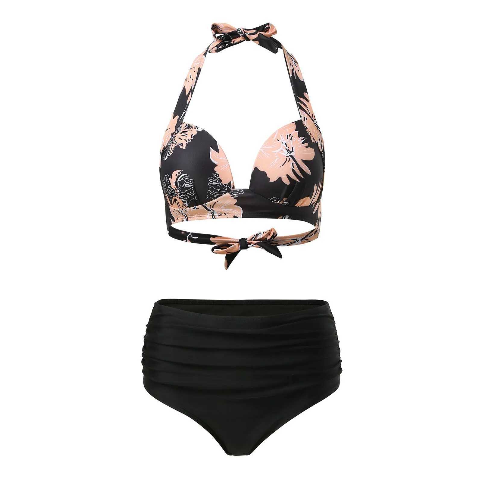 Fashion swimsuit womens 2-piece suspender high waist split Tankini beach clothing summer print party conservative swimsuitW250214