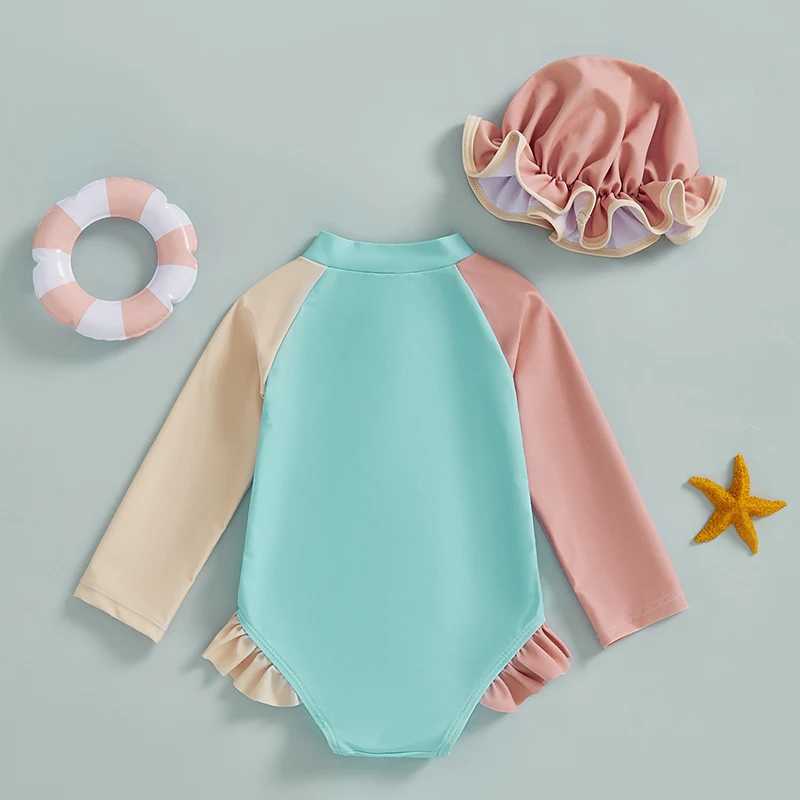 0-24M Newborn Baby Boys Girls Swimwear 5 Colors Kids Swimsuits Patchwork Long Sleeve Zip Up Bathing Suits with Hat BikinisXJ250214