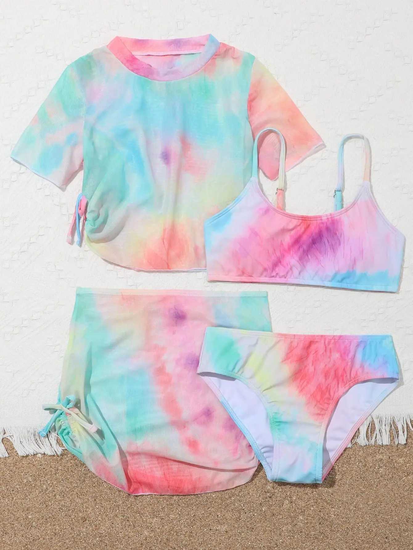 Girls 4 Pack Tie dye Print Short Sleeve Bikini with Skirt Drstring Swimsuit 7-12 Years Childrens Swimwear Kids Bathing SuitXJ250214