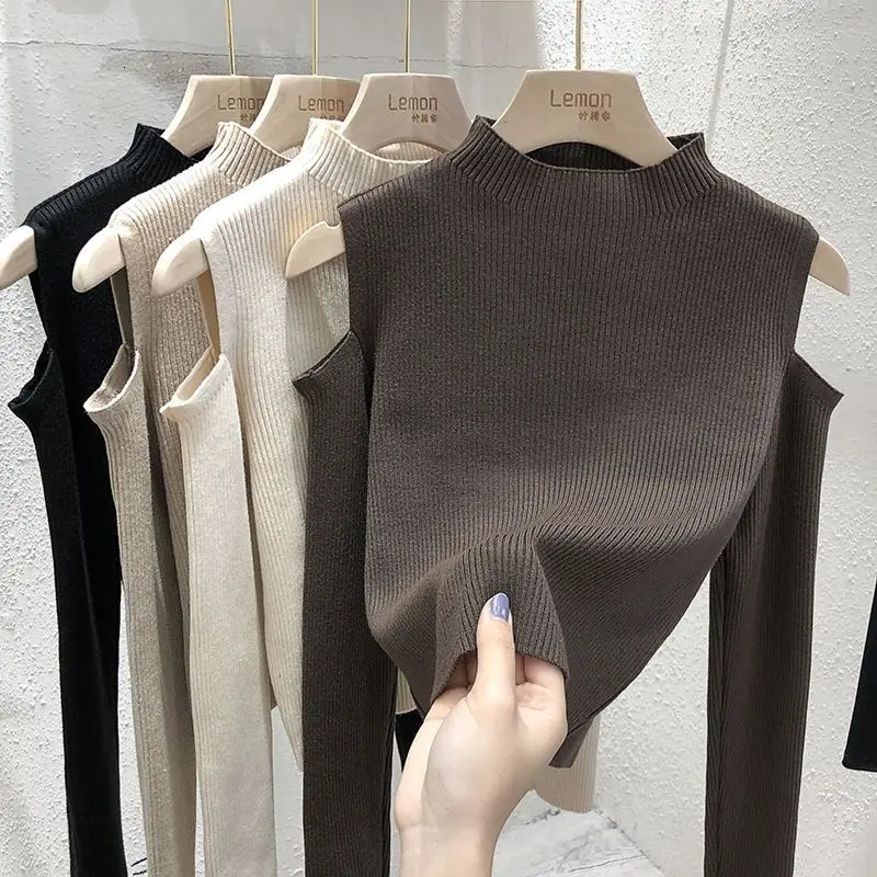 Spring and autumn solid color semi long sleeved sweater womens long sleeved off shoulder elegant slim fit top 250210