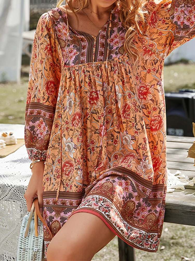 Fashion Beach Boho Vintage Floral Print A-Line Dress Summer Fall Casual Women Long Sleeve Tie Up V Neck Loose Mini Dress 250213