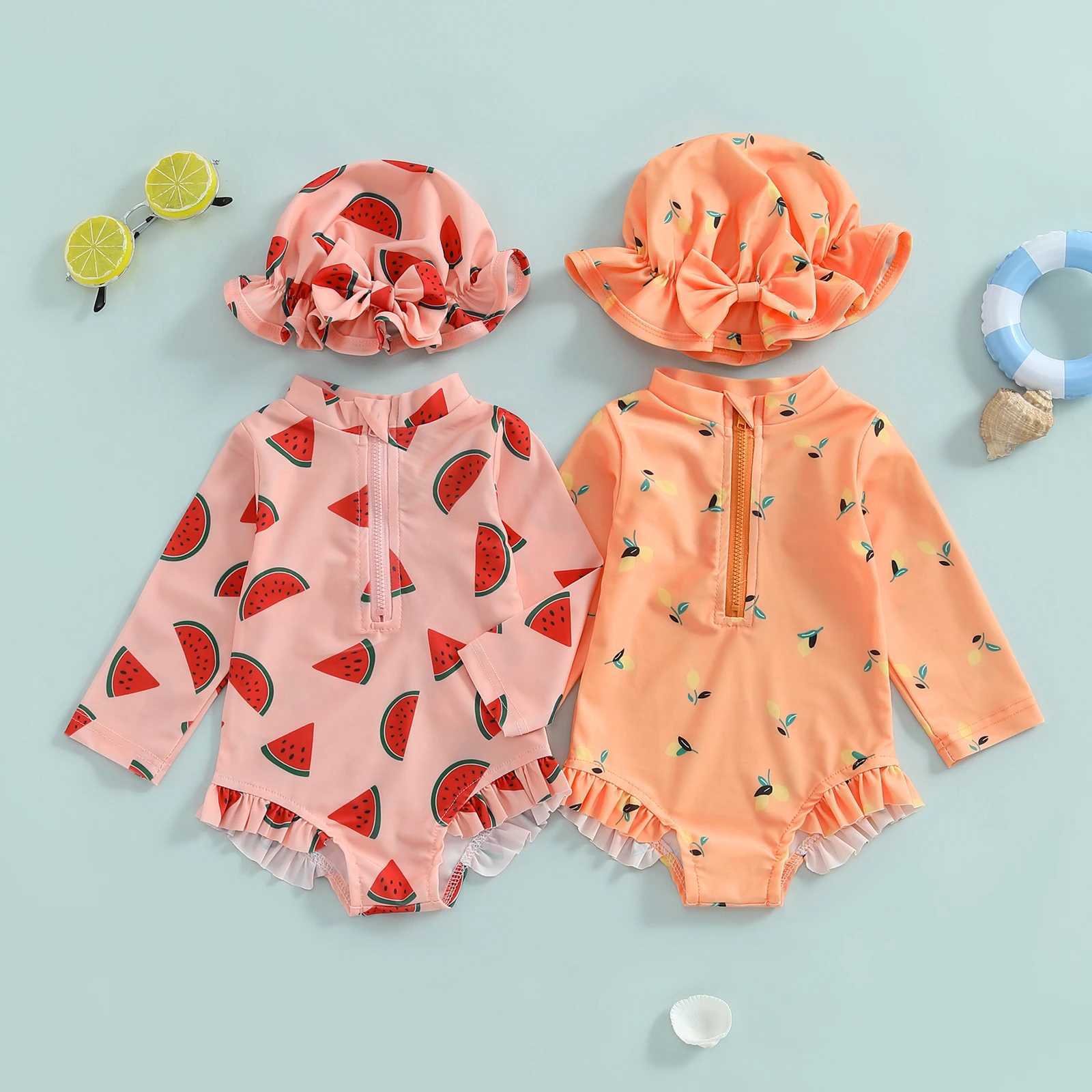 MISOWMNJOY Baby Girls Swimwear with Swim Caps Fashion Summer Rash Guard Swimsuit Fruit Print Long Sleeve Zipper Kid Bathing SuitXJ250214
