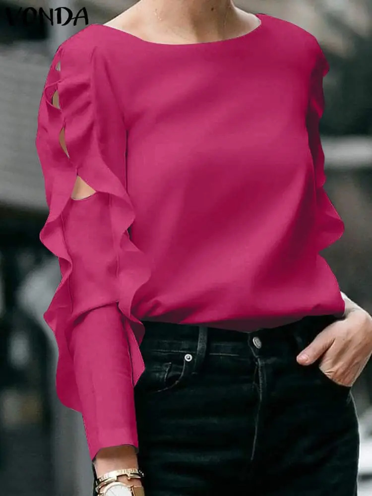 Plus Size 5XL VONDA Autumn Elegant Solid Blouse Fashion Top Women Ruffled Long Sleeve Hollow Out Casual Loose Shirts Blouses 250210