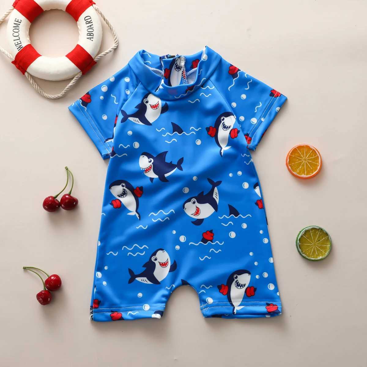 Kids Boys Summer Swimsuit Rash Guard Animal Patterns Short Sleeve Zipper Swimwear Bathing BeachwearXJ250214