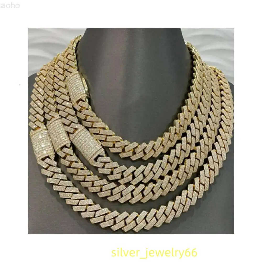 14mm 3 Row Miami Cuban Link Chain Vvs Moissanite Diamond Stubbed 925 Sterling Silver White Gold Plated 18-24 with Baguette Lock.