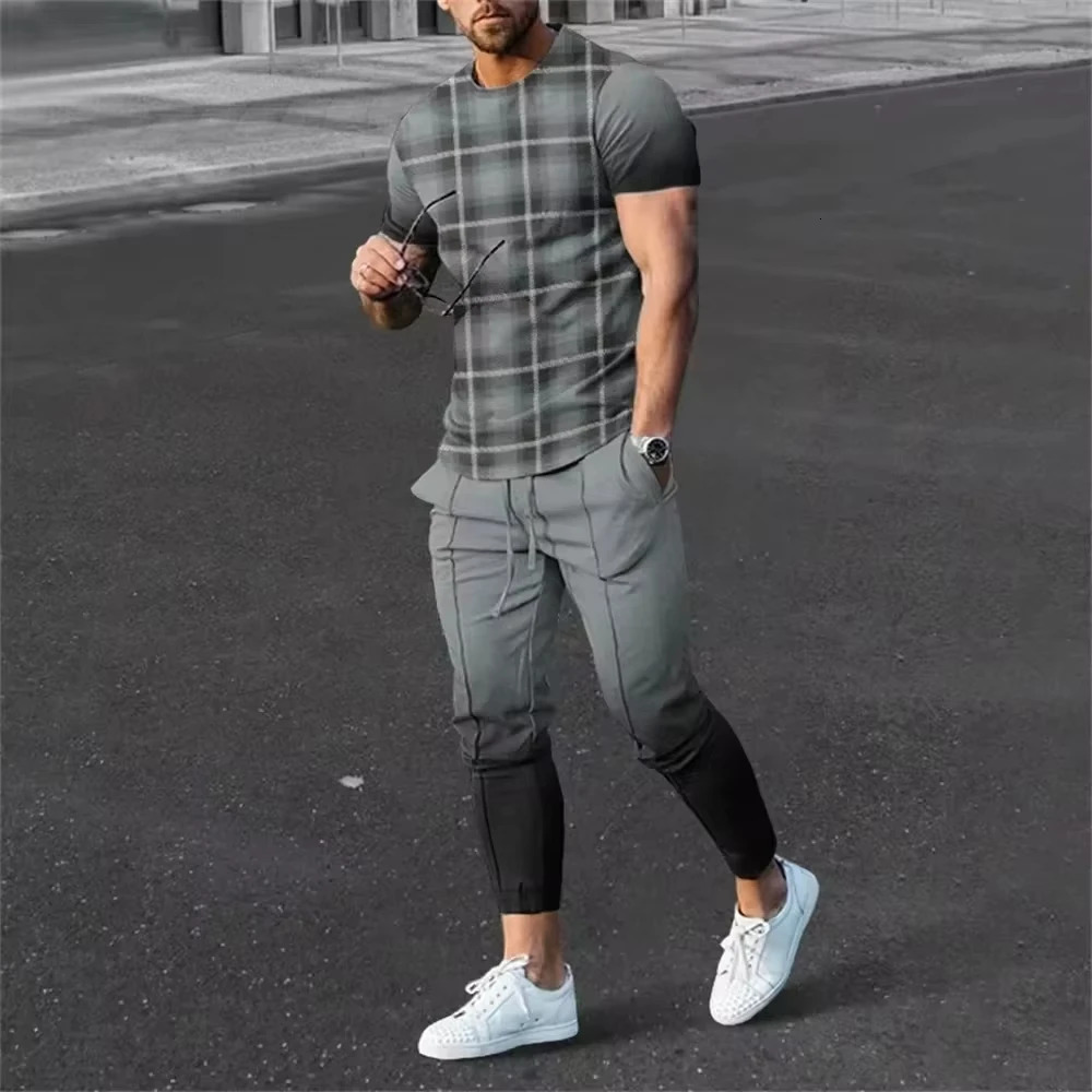 Summer 3D PrintedMen short T-shirt Trousers Set Men Short Sleeve Long Pants Set Retro Casual Men T-shirt Trousers Suit 250214