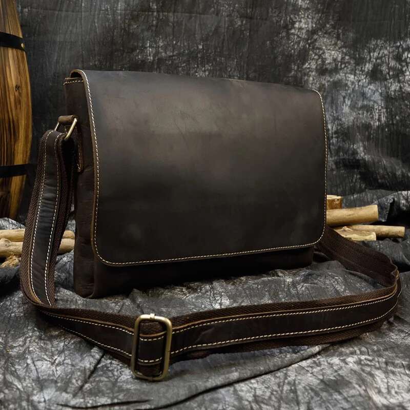 Men's Genuine Messenger A4 Vintage Crazy Horse Leather Shoulder Cowhide Magnetic Flap Laptop Crossbody Bag