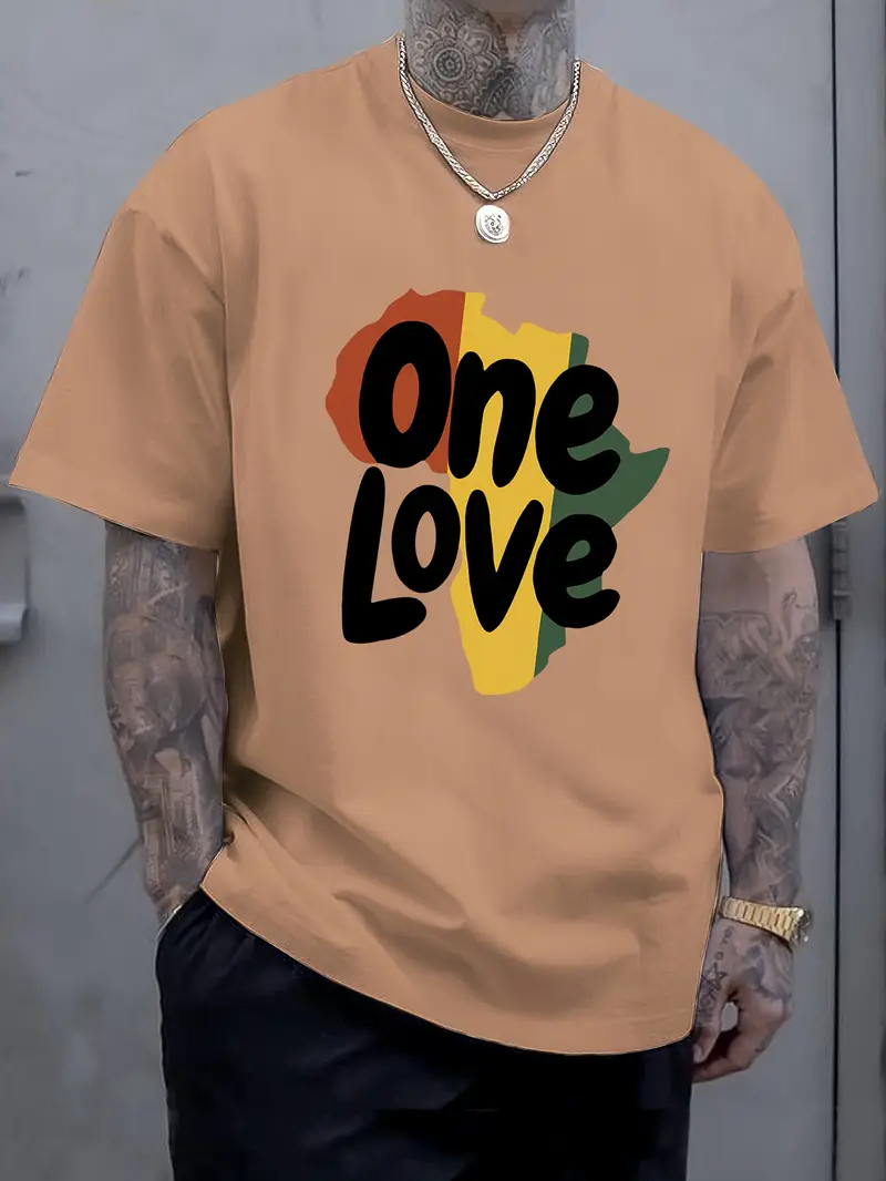 One Love Print Short Sleeve Tee One Love Letter Print Men's Short Sleeve T-Shirts, Comfy Casual Elastic Crew Neck Tops For Men's Outdoor Act