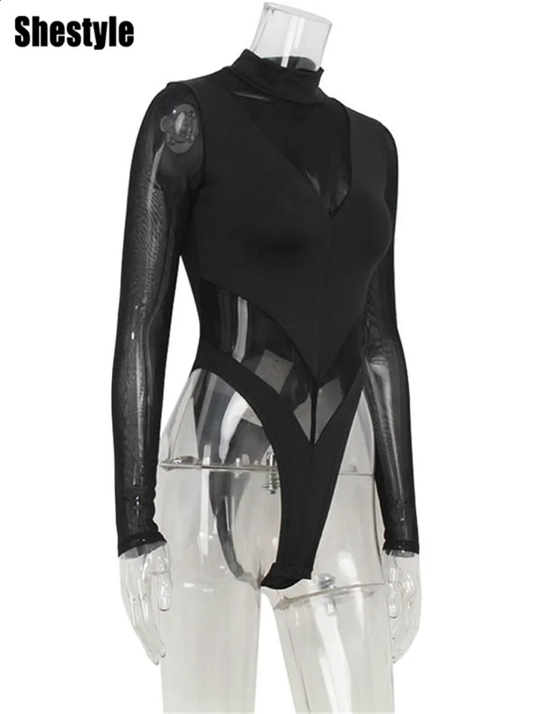 Shestyle Black Patchwork Women Bodysuits Spring Mesh Transparent Long Sleeve Thong High Waist TShirt Basic Sexy Streetwear 250213