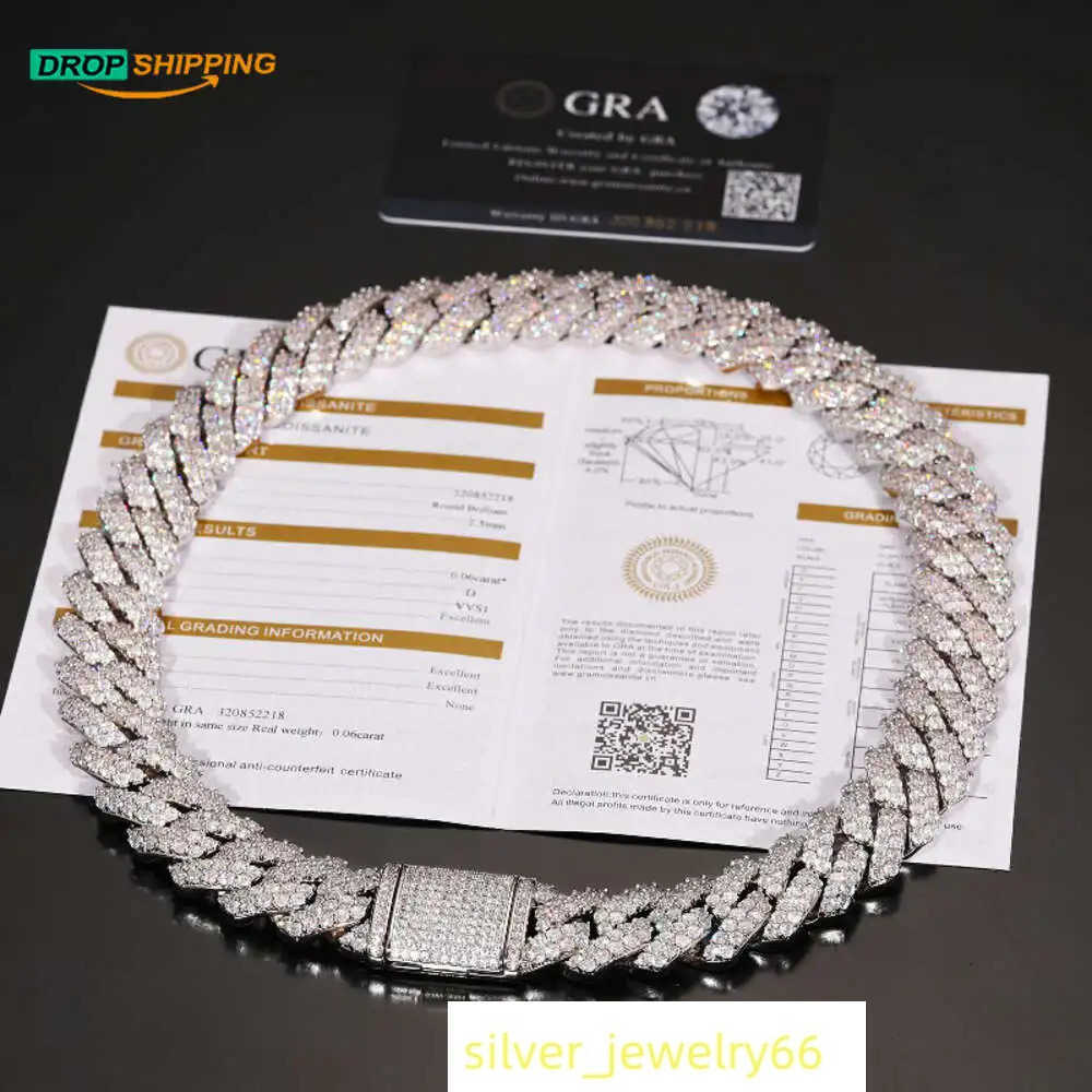 Dropshipping Big Gug Gold Plated 925 Sterling Silver 2 Rows Vvs Moissanite Diamond Miami Cuban Link Chain Necklace for Men