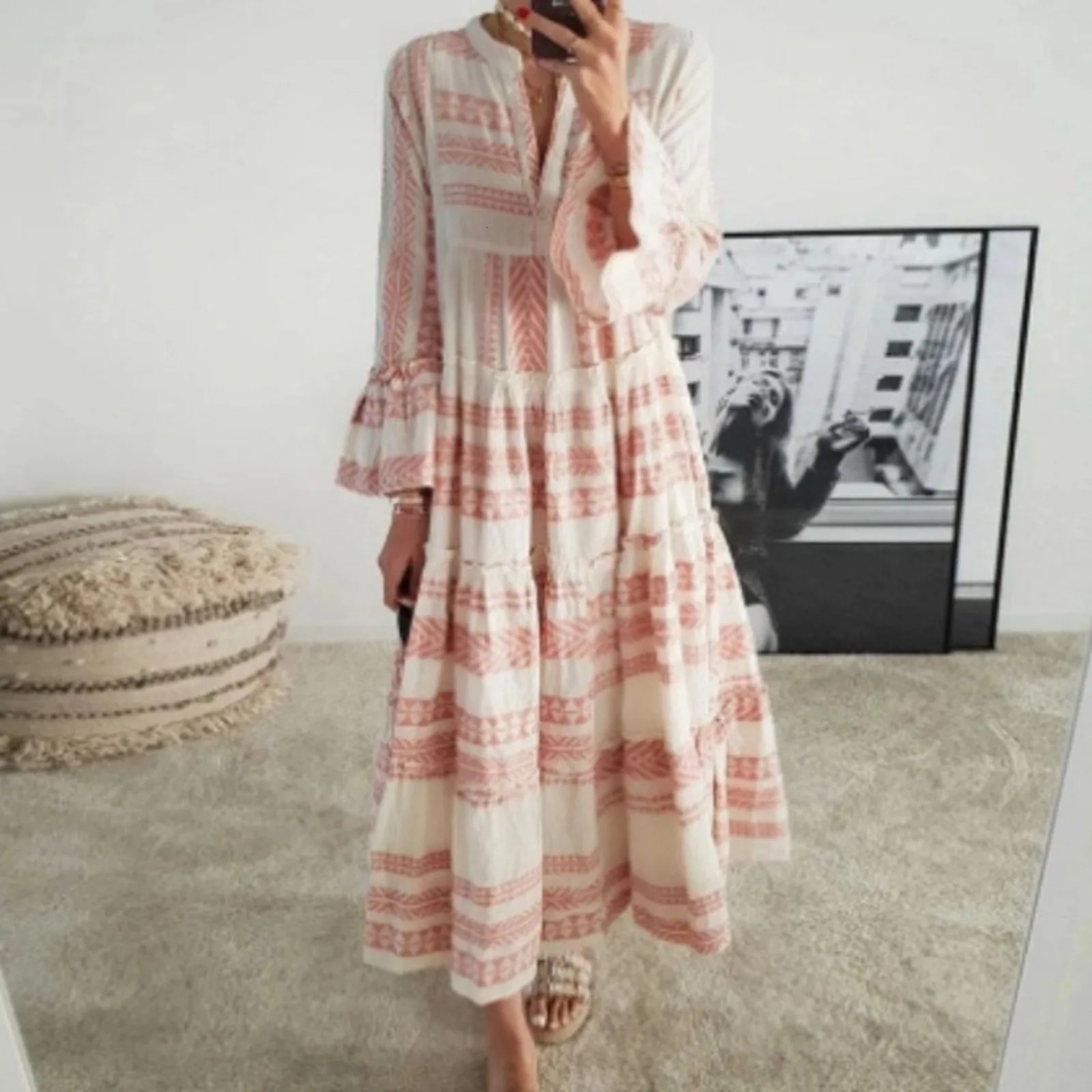 Bohemian Print Maxi Dress For Women Long Sleeve Beach Dress Vacation Flowy Dresses Summer Dresses Boho Sundress Dress 250213
