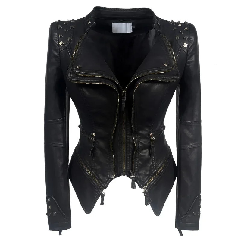 Autumn Winter Leather Jacket Women Gothic Models Shrug Rivets Clothing Slim Waist Washed Biker PU Top 250211