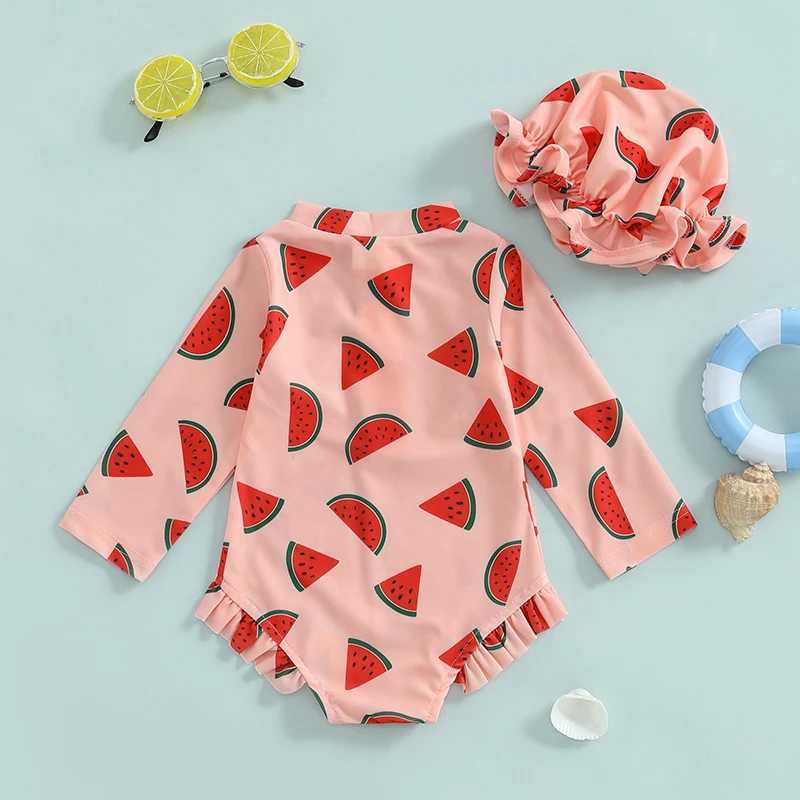 1-5T Toddler Girl Rash Guard Swimsuit Lemon/Watermelon Print Long Sleeve Mock Neck Zipper Bathing Suit with Hat SetXJ250214