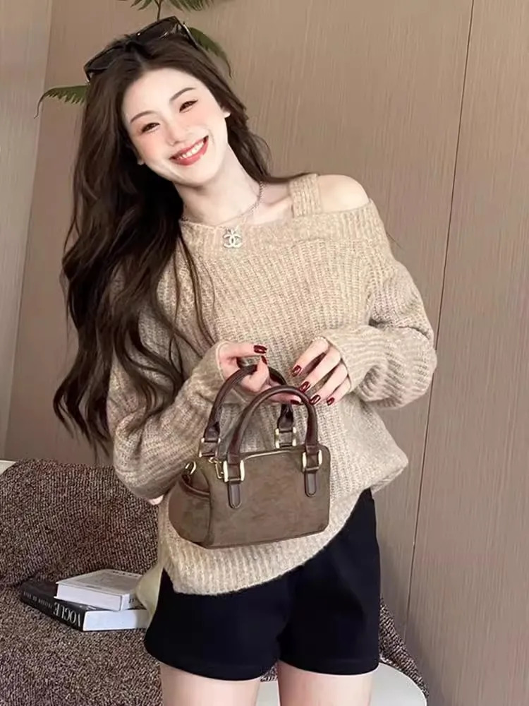 Off Shoulder Knitted Sweater Women Autumn Winter Solid Color Long Sleeve Fashion Casual Loose Pullover Tops Ladies Clothing 250210