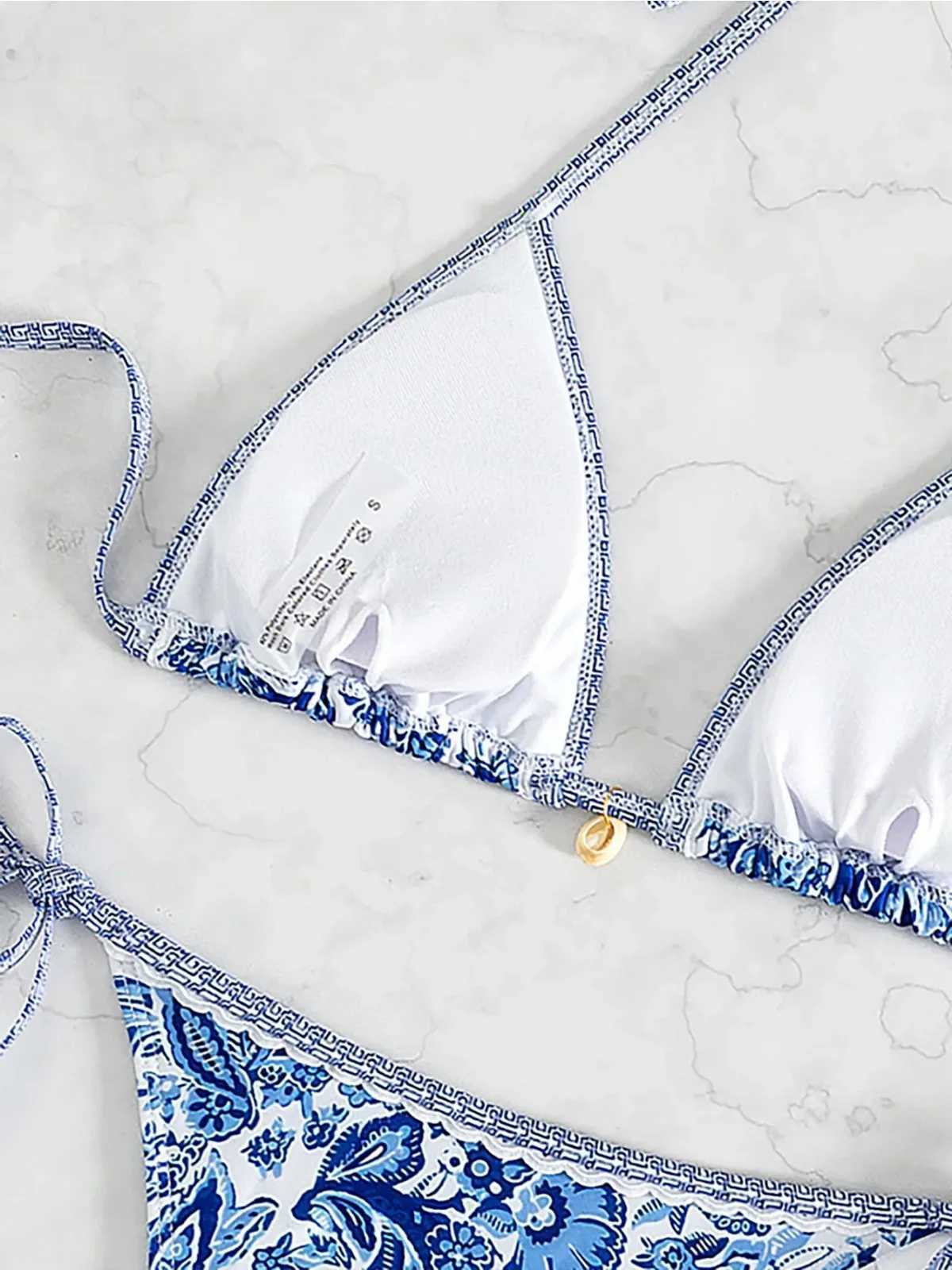 Flower Print Two Piece Swimsuit for Women Sexy Halter Backless Bikini Set 2024 Summer Triangle Bra Beach Vacation SwimwearW250214