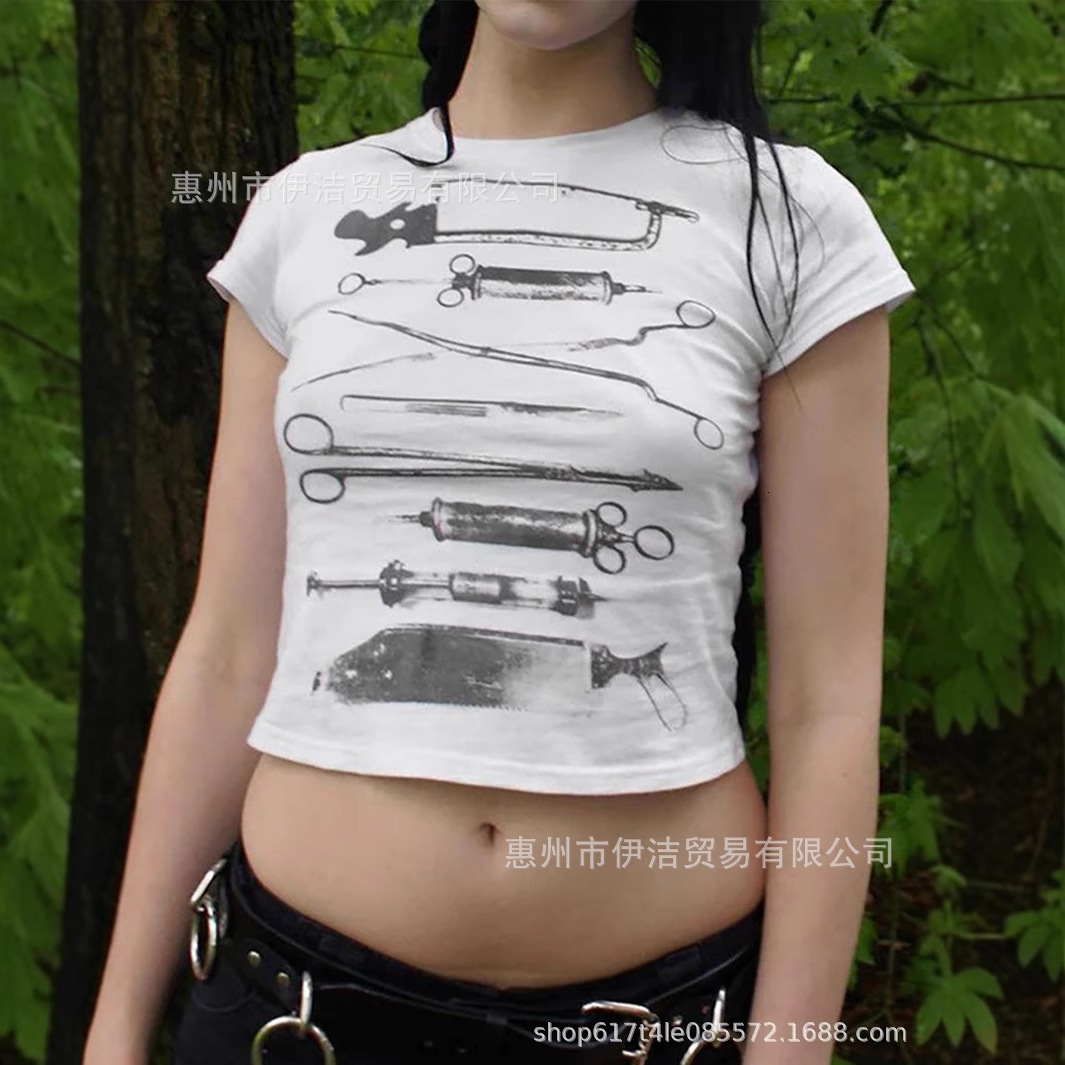 Designer's American Abstract Printed Round Neck Short Sleeved T-shirt For Summer 2025, Fashionable And Sexy Women's Style, INS Exposed Navel