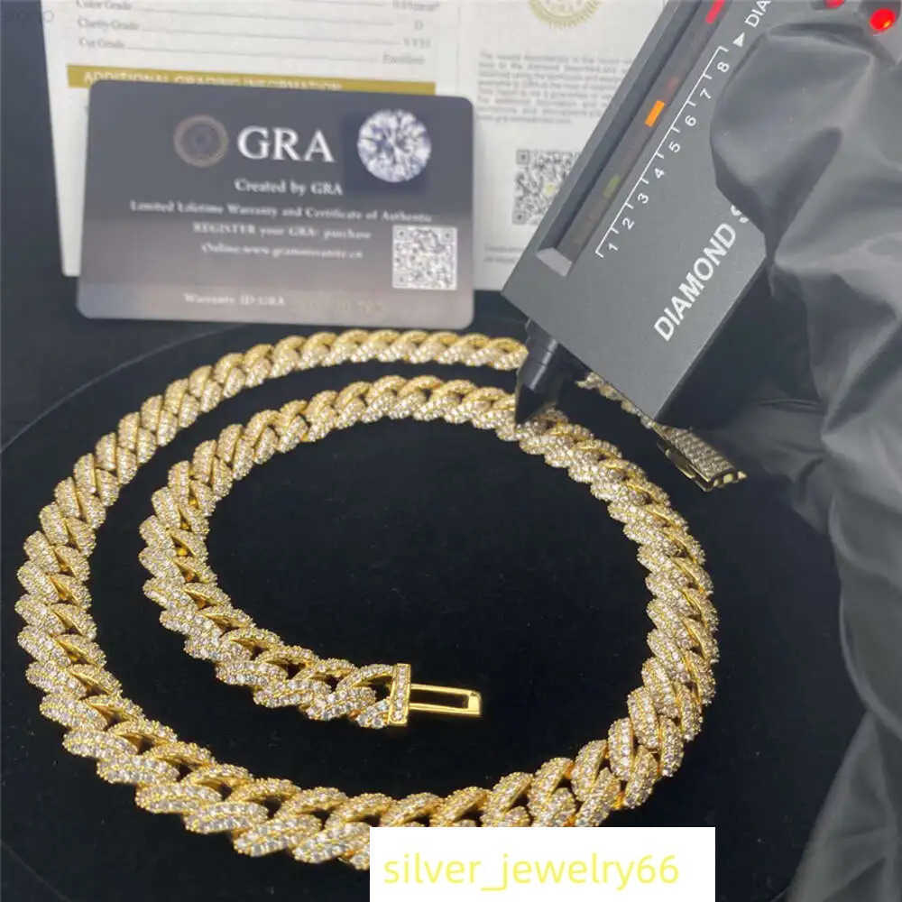Diamond Box Clasp 10mm Pass Diamond Tester Iced Out Hip Hop Moissanite Jewelry Cuban Chain 18k Gold Plated Miami Cuban Necklace
