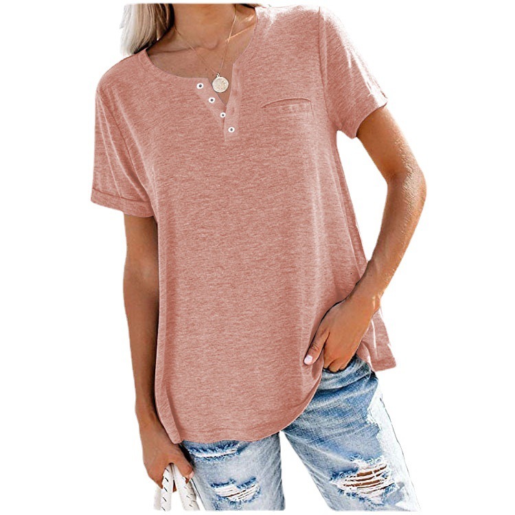 Free Shipping Designer Casual Fashion Versatile Spring/summer New Women V-neck Short Sleeved Pocket Loose T-shirt