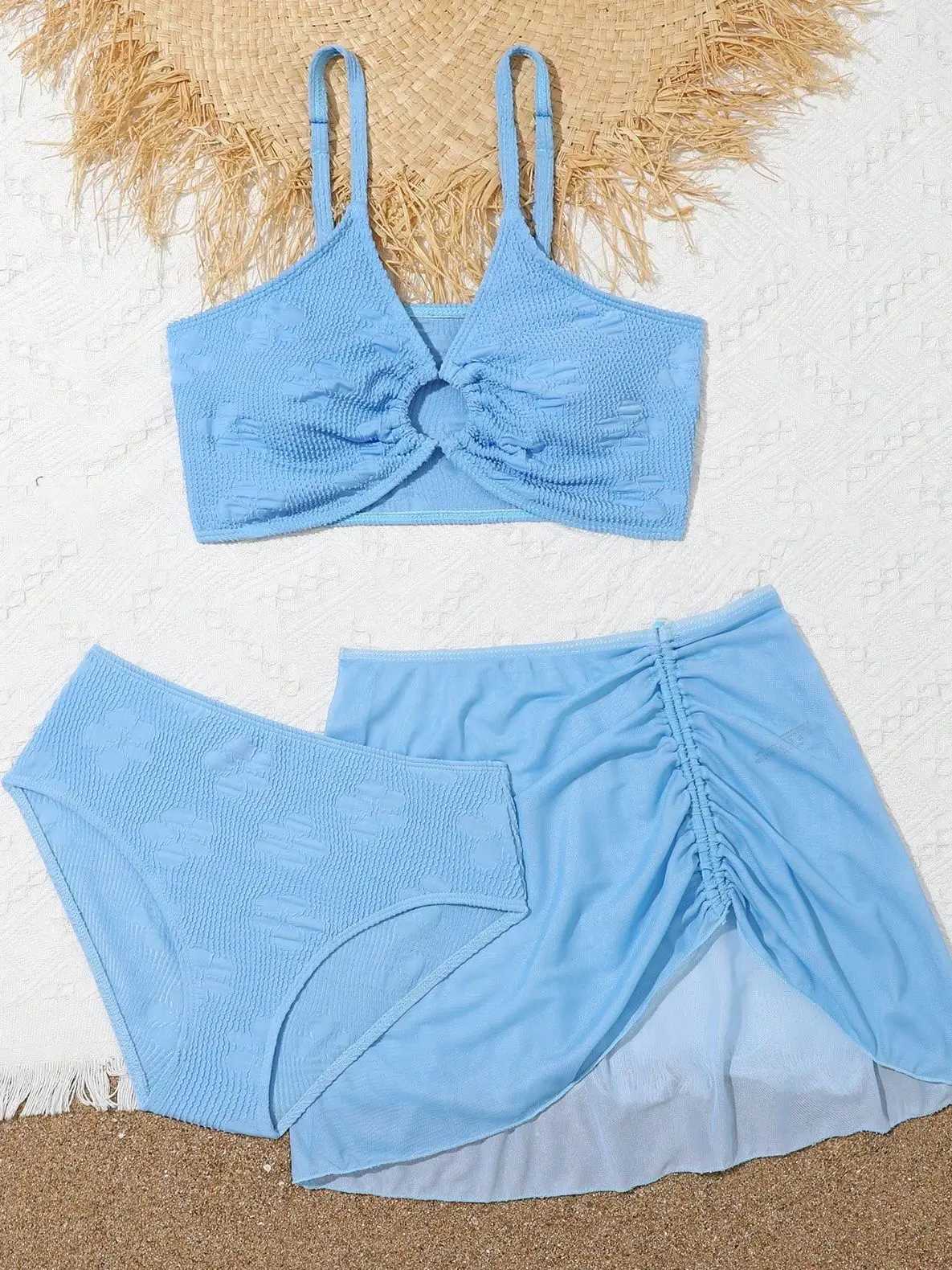 Ring Detail Bikini 2023 Girls Swimsuit High Waist Kids Swimwear Female Drstring Beach Skirt Children Swimming Swim SuitXJ250214
