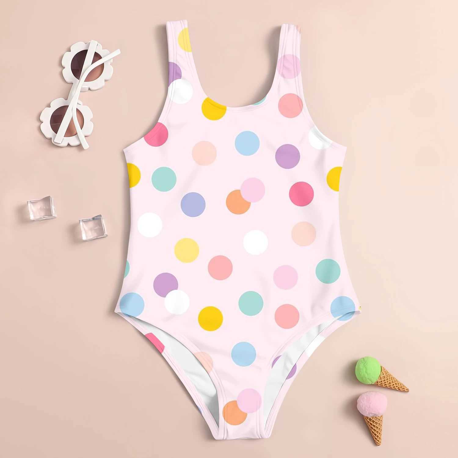 2024 Summer New Childrens Sleeveless Swimsuit Kids Cool Seaside Clothes Cute Polka Dot 3d Printed One-Piece Swimsuit For GirlsXJ250214