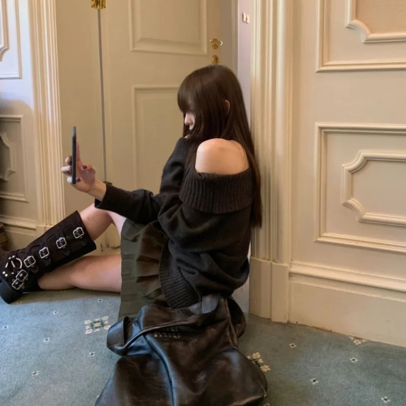 Y2k Vintage Off Shoulder Knit Sweater Women Autumn Korean Fashion Aesthetic Harajuku Jumper Gyaru Sexy Pullover Loose 250210