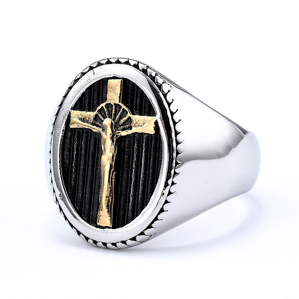 Classic Vintage Simple Jesus Cross Ring Titanium Steel Gold Plated Religious Jewelry