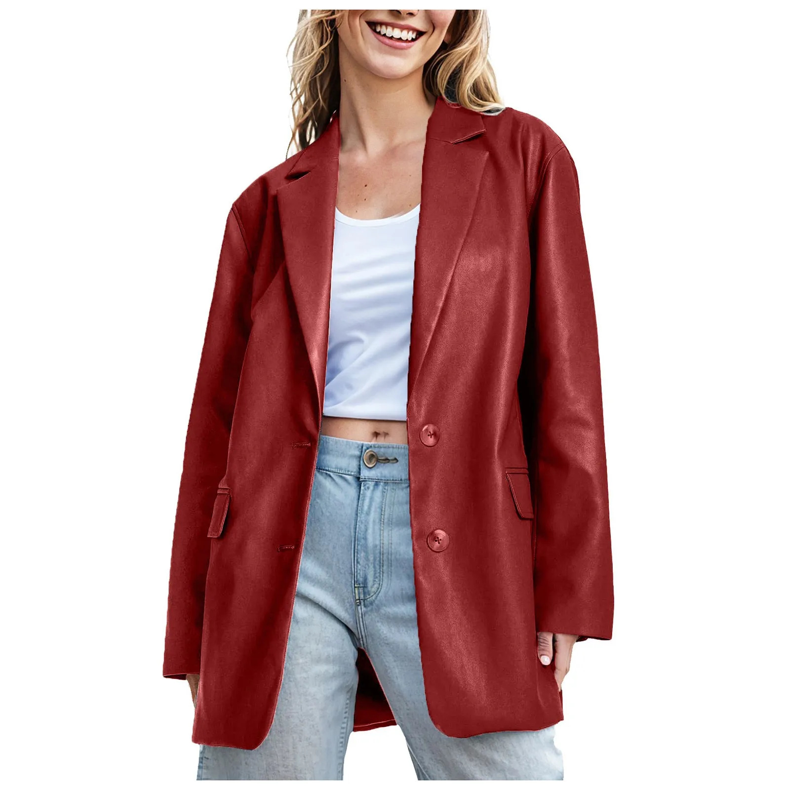 Women Casual Leather Jackets Solid Color Turn Down Neck Long Sleeve Button Suit Fashion Pu Faux Jumper Coat 250211