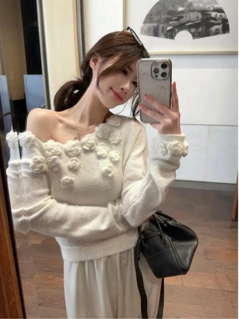 Off Shoulder Short Top Sweater Women Jumper Pullover Winter Clothes Women Sueter 3D Flower Knitted Sweaters Pull Femme 250210