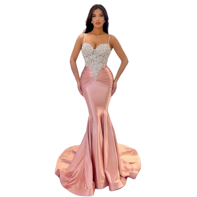 Beaded Spaghetti Straps Mermaid Prom Dresses Crystals Beading Pink Satin Long Evening Gowns Modern Shiny Pageant Dress 2025