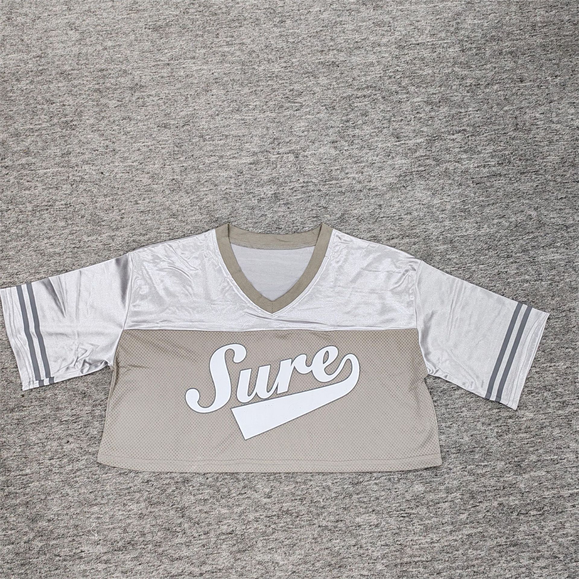 Designer Fashion Trend 2025 Best-selling Letter Printed Pullover With Mesh Patchwork Five Quarter Sleeve T-shirt V-neck Women's Sports Top