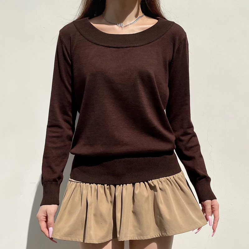 Cibbar Brown Slant Neck Sweater Retro 2000s Full Set Shoulder Knitted Top Pulling Flower Retro Solid Loose Womens Sweater 250210