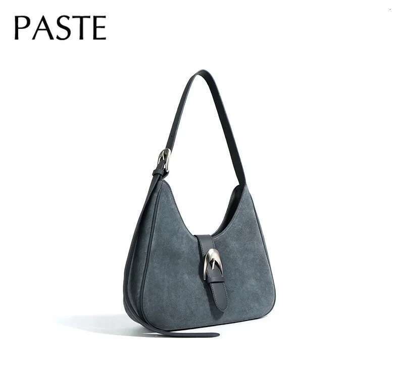 French Niche Design Matte Grey High-End Women Single Shoulder Bag Suede Calfskin Leather Female Handbag Lady Daily Purses