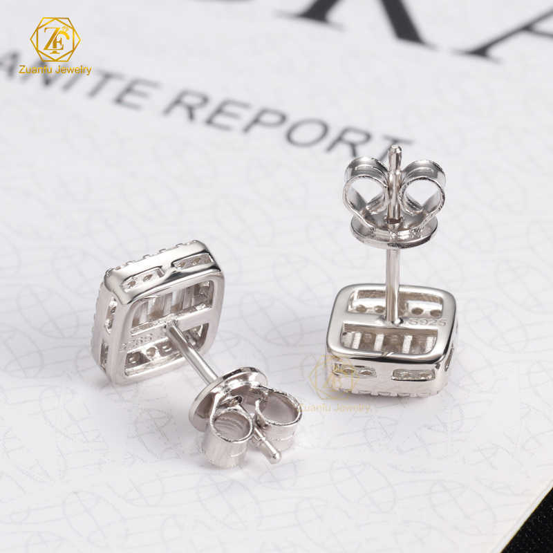 925 Silver Jewelry Mens Iced Out Earrings 14k White Gold Hiphop Screwback Cushion Cluster VVS Moissanite Stud Earrings