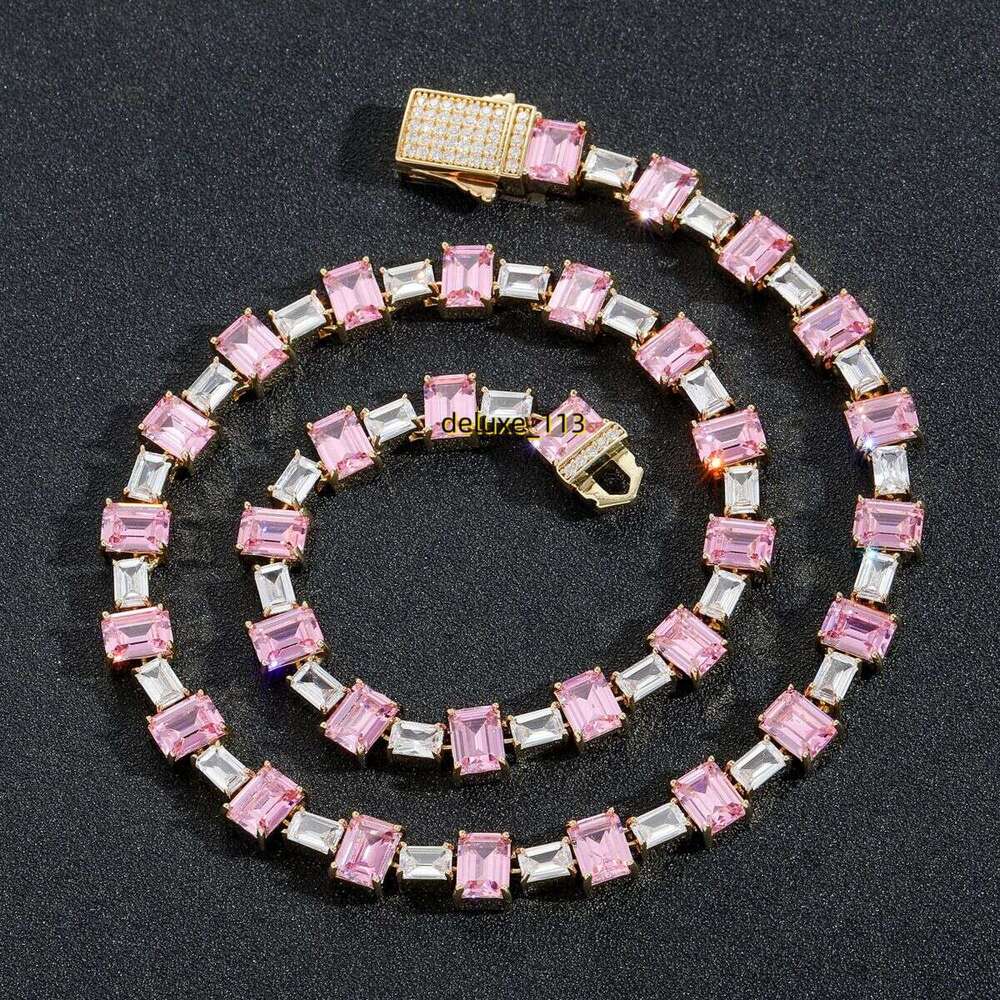 Hip hop pink color blocked square Moissanite simple tennis personalized moissanite collarbone chain hip-hop trendy brand necklace