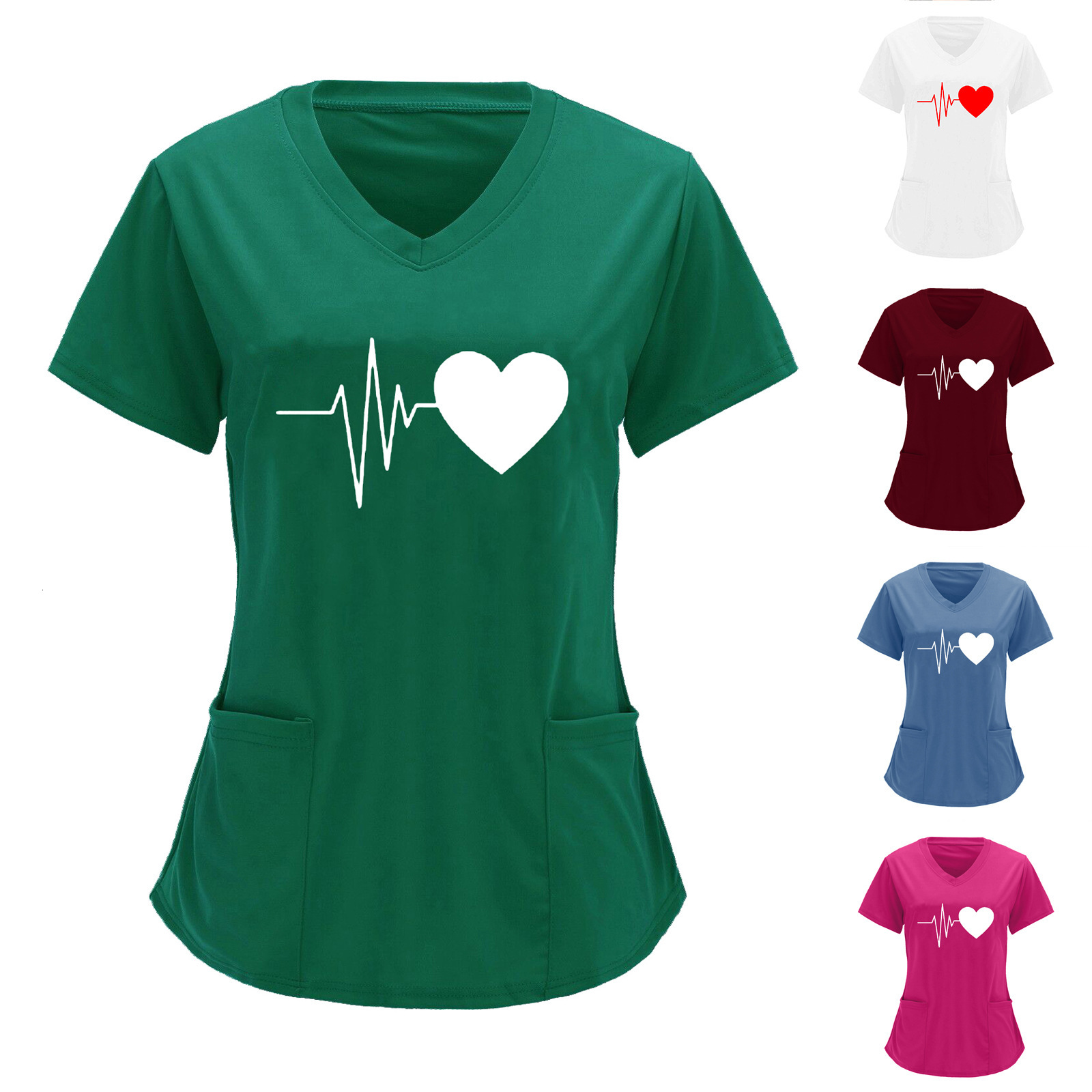 2025 Designer Nurse Protective Work Clothes V-neck Double Pocket Heartbeat Printed Shirt Short Sleeve T-shirt Large Size
