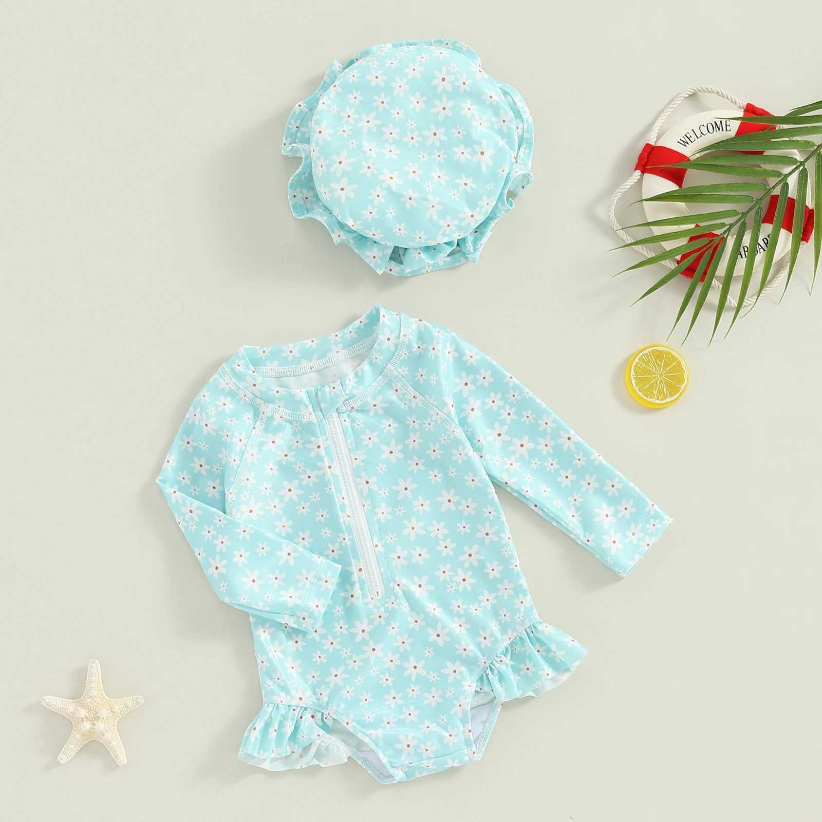 Toddler Girls Rash Guard Swimsuit 2pcs Bathing Suit + Sun Hat Set Infant Long Sleeve Floral Print Ruffles Swimwear with Swim CapXJ250214