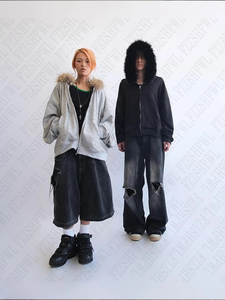 Plush lining solid color pattern Hoodie casual chic Y2K top rock fashion street retro grunge punk hip hop Harajuku couple 250213