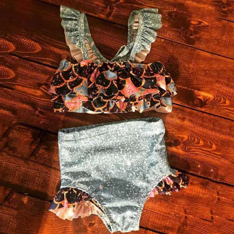 Summer Kids Girl Fish Scale Print Bikinis Sets Ruffles Crop Tops+Shorts 2Pcs Fashion Children Girl Swimwear Bathing SuitsXJ250214